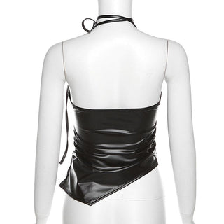 Self tie halter backless irregular PU leather square neck top