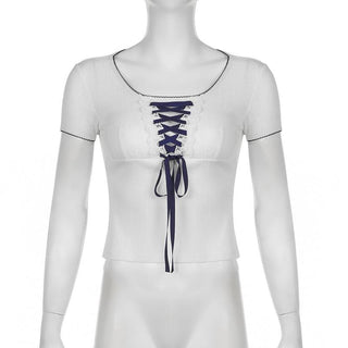 Short sleeve lace up textured lace hem top