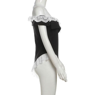 Off shoulder lace hem v neck zip-up bodysuit