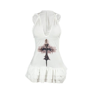 V neck hoodie ruched cross print mini dress