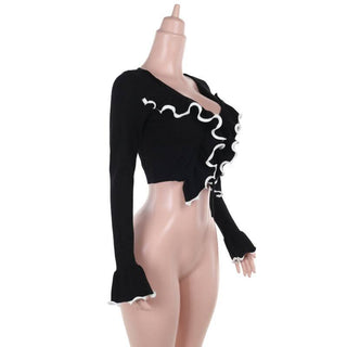 Long flared sleeve ruffle v neck self tie ruched top