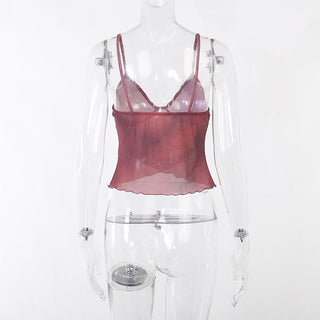 Ruffle v neck sheer mesh cross front print see through crop top