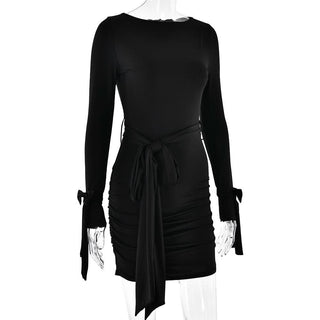 Long sleeve bowknot ruched knotted mini dress