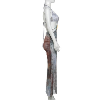 Halter self tie deep V neck sheer mesh shell applique maxi dress