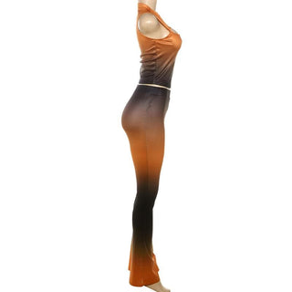 Sleeveless gradient crewneck ruched hollow out pant set