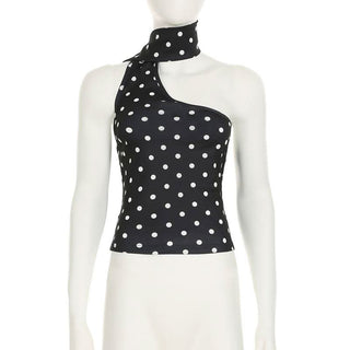 Irregular polka dot halter backless one shoulder top