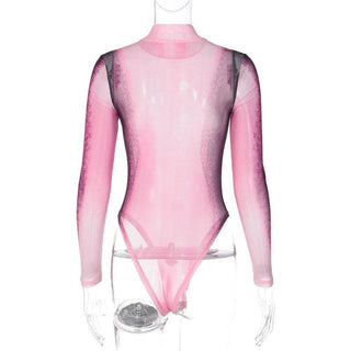 Sheer mesh see through body print high neck long sleeve bodysuit