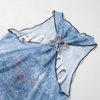 Ruffle butterfly print sheer mesh tank top