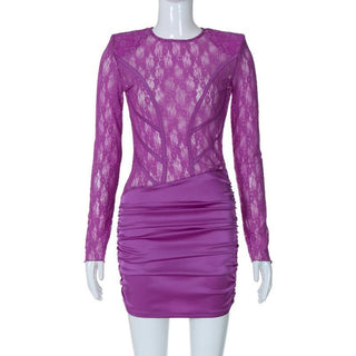 Lace see through satin ruched hollow out long sleeve cut out mini dress