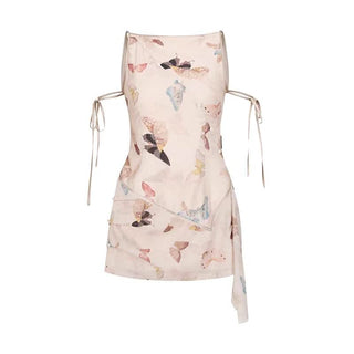 Butterfly print irregular beaded self tie top