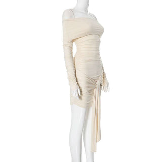 Long sleeve off shoulder ruched knotted mini dress