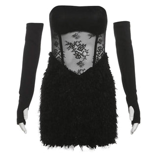 Fluffy flower print gloves backless tube mini dress