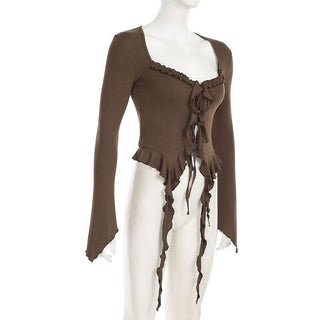 Long sleeve ruffle self tie top