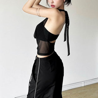 Halter self tie mesh backless solid 2 piece top