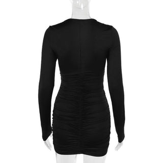 Long sleeve ruched buckle hollow out cut out mini dress