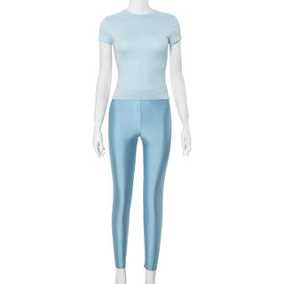 Short sleeve crewneck high rise solid pant set