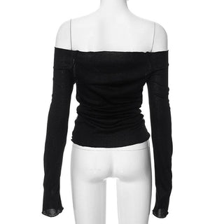 Long sleeve off shoulder ruched sheer mesh Jesus print top