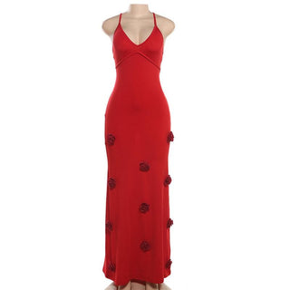 V neck flower applique cross back cami maxi dress