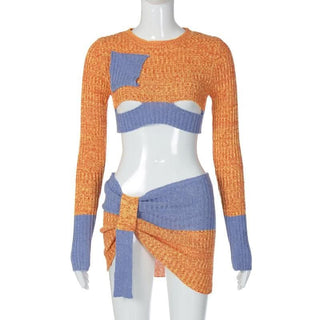 Knitted patchwork contrast long sleeve hollow out mini skirt set-final-sale