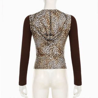 Leopard print long sleeve hoodie button top