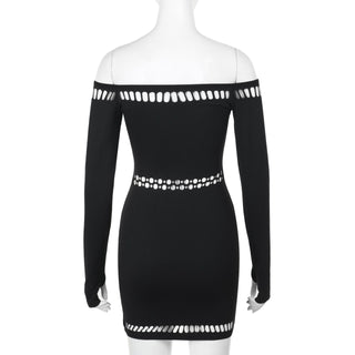 Off shoulder long sleeve gloves hollow out cut out mini dress