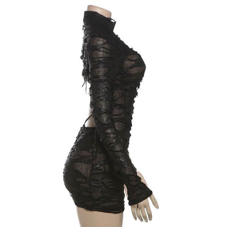 Long sleeve high neck see through hollow out cut out mini dress
