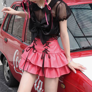PU leather lace up ruffle mini skirt