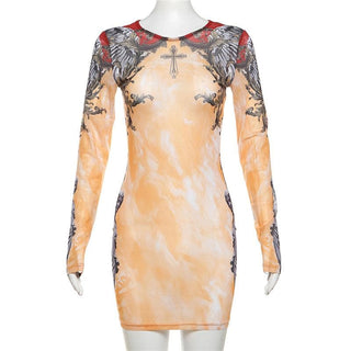 Long sleeve crewneck print sheer mesh mini dress