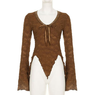 Long flared sleeve textured lace hem ruffle top