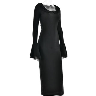 Ruffle long flared sleeve u neck solid midi dress - Final Sale