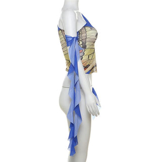 Off shoulder flared sleeve mesh print ruffle top