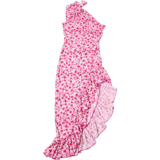 One shoulder knotted slit flower print ruffle maxi dress