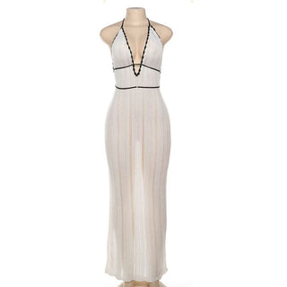 Halter v neck backless self tie knitted maxi dress