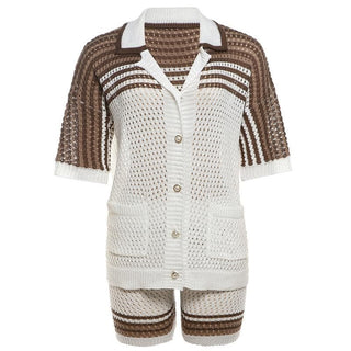 Turnover collar short sleeve button hollow out pant set