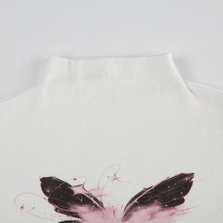 Short sleeve high neck butterfly print bowknot crop top