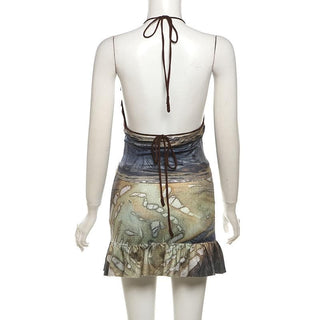Halter self tie print deep V neck ruched mini dress