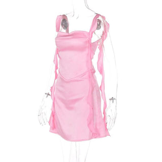 Cowl neck ruffle satin ruched cami mini dress