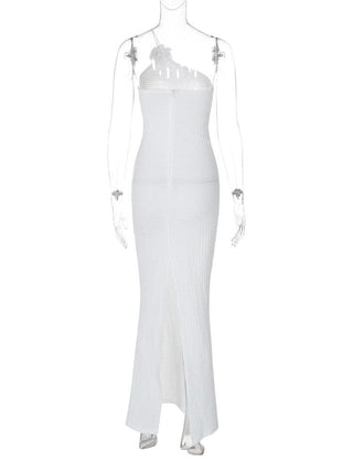 Flower applique one shoulder textured slit cami maxi dress