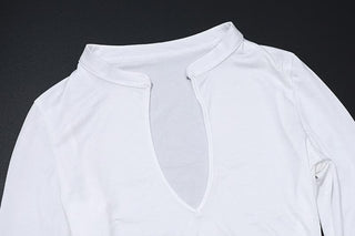 Long sleeve high neck hollow out button solid bodysuit