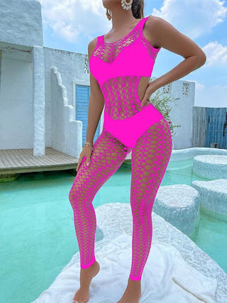 U neck sleeveless hollow out fishnet bodystocking