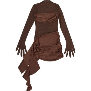 Long sleeve gloves mesh ruched patchwork mini dress