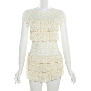 Crewneck cap sleeve textured ruched solid mini skirt set