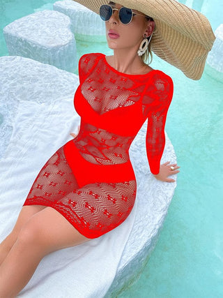 Long sleeve crewneck fishnet pattern mini dress