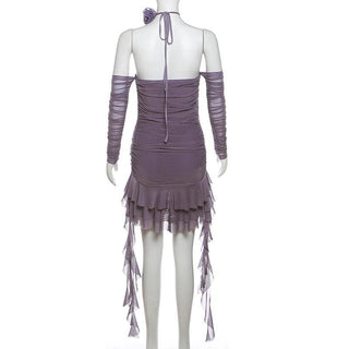 Long sleeve sheer mesh flower applique mini dress