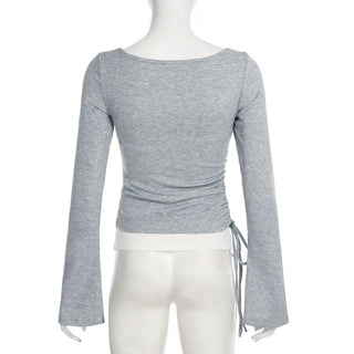 U neck long sleeve lace hem drawstring 2 piece top