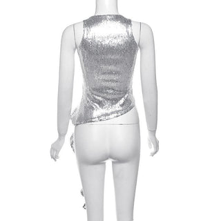 Crewneck glitter hollow out ruffle irregular crop cut out top