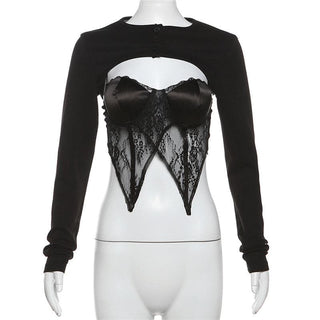 Long sleeve button lace stitch shrug 2 piece top