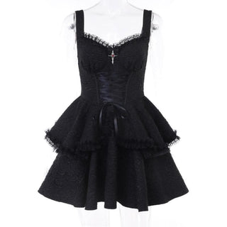 Backless lace up zip-up textured solid lace hem mini dress | victorian gothic dresses-final-sale