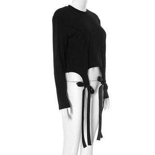 Long sleeve crewneck bowknot solid top