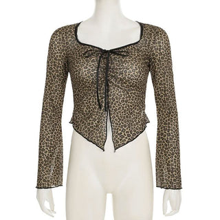 Leopard print long sleeve mesh crop top